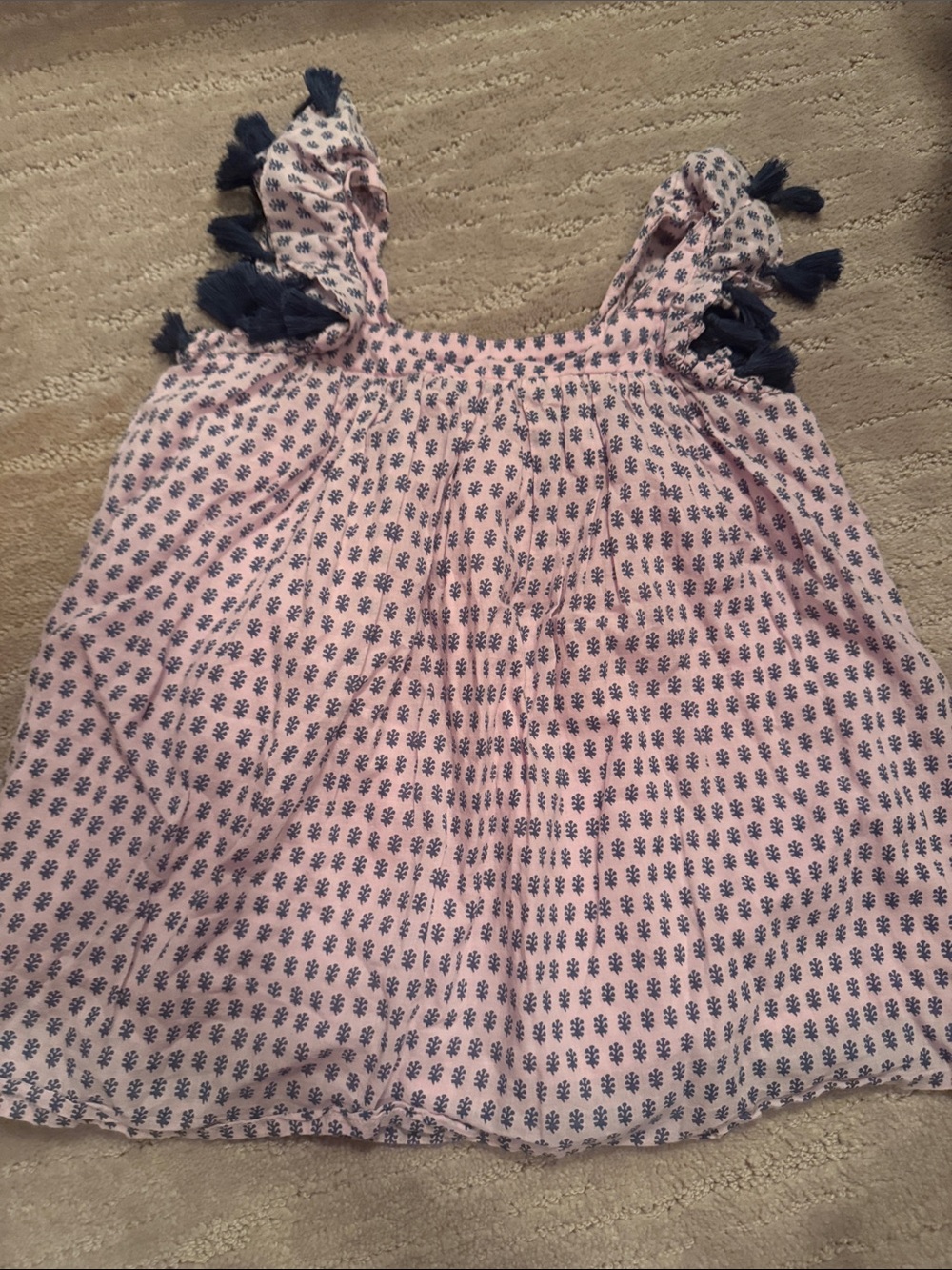 Girls Pink Printed Tank with Navy Tassel Straps